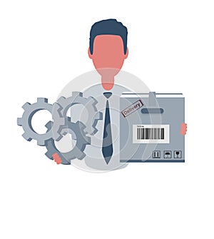 Businessman or clerk holding a cardboard box and a gears. Male character in simple style. Business concept. Isolated on