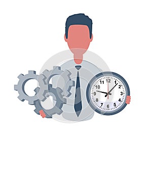 Businessman or clerk holding a clock and a gears. Male character in simple style, flat vector illustration. Business