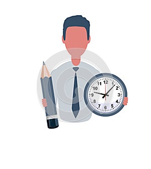 Businessman or clerk holding a clock and a pencil. Male character in simple style, flat illustration. Business concept.