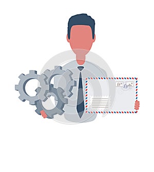 Businessman or clerk holding a envelope and a gears. Male character in simple style, flat vector illustration. Isolated