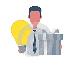 Businessman or clerk holding a gift box and a lightbulb. Male character in simple style, flat vector illustration