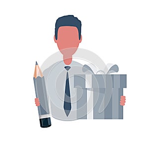 Businessman or clerk holding a gift box and a pencil. Male character in simple style, flat vector illustration. Business