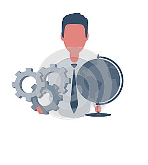 Businessman or clerk holding a globe and a gears. Male character in simple style, flat illustration. Business concept