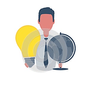 Businessman or clerk holding a globe and a lightbulb. Male character in simple style, flat vector illustration. Business