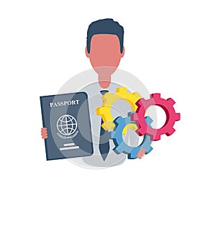 Businessman or clerk holding a passport and a gears. Male character in simple style, flat vector illustration. Business