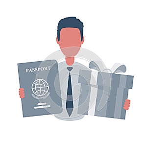 Businessman or clerk holding a passport and a gift box. Male character in simple style with objects, flat vector