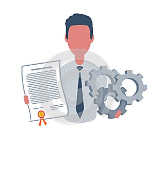 Businessman or clerk holding a winner certificate and a gears. Male character in simple style, flat illustration