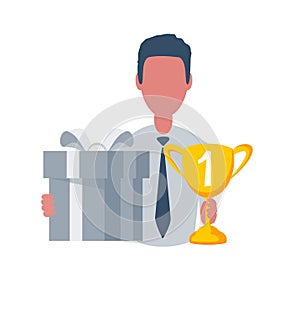 Businessman or clerk holding a winner cup and a gift box. Male character in simple style with objects, flat vector