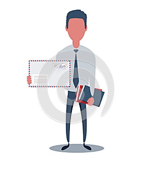 Businessman or clerk. Male character in trendy simple style with objects, flat vector illustration.