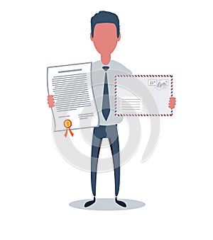 Businessman or clerk. Male character in trendy simple style with objects, flat vector illustration.