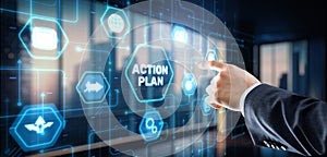Businessman clicks action plan. Algorithm and strategy development business