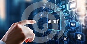 Businessman clicks Audit Auditor Financial service compliance concept