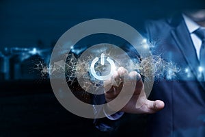 Businessman clicks on the Power button