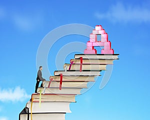 Businessman climbing books stairs toward alphabet A shape blocks