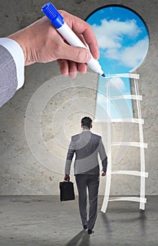 Businessman climbing career ladder in business concept