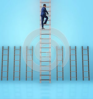 Businessman climbing career ladder in business success concept