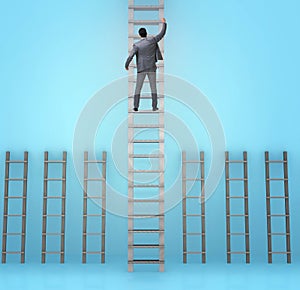 Businessman climbing career ladder in business success concept