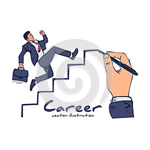 Businessman is climbing career ladder. Human hand drawing stairs close up.