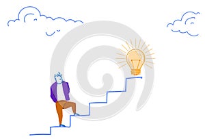Businessman climbing career ladder light lamp creative idea startup concept top step horizontal sketch doodle