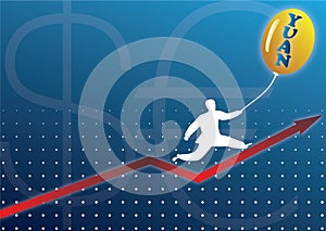 Businessman climbing graph with currency baloon