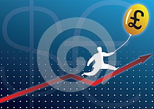 Businessman climbing graph with currency baloon