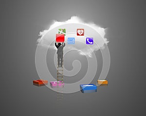 Businessman climbing ladder getting blank red icon from cloud.