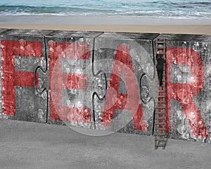 Businessman climbing ladder puzzles concrete wall red fear word