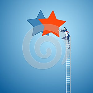 Businessman climbing ladder reaching to the star and success. Competition and business concept.