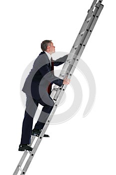 Businessman climbing ladder side view