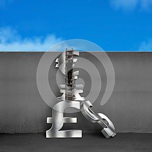 Businessman climbing on ladder with stack money symbols and sky