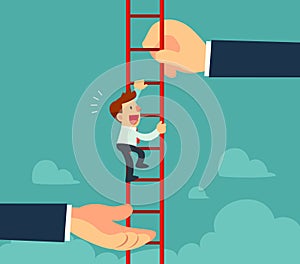 businessman climbing ladder supported by helping hands