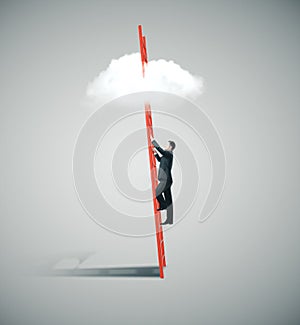 Businessman climbing on ladder to clouds