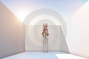 The businessman climbing a ladder to escape from problems