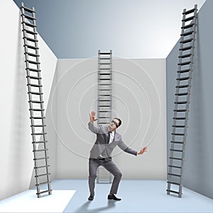 Businessman climbing a ladder to escape from problems