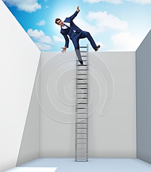 Businessman climbing a ladder to escape from problems