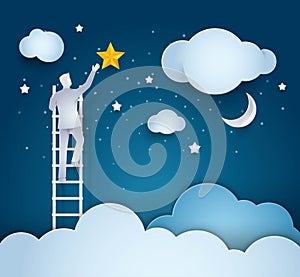 Businessman Climbing Ladder to Reach Star in the sky