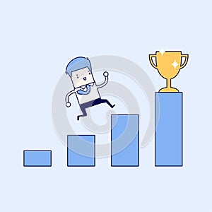 Businessman climbing ladder to success. Cartoon character thin line style vector