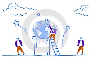 Businessman climbing ladder world map globe wearing crown people prepare earth day save the planet concept horizontal