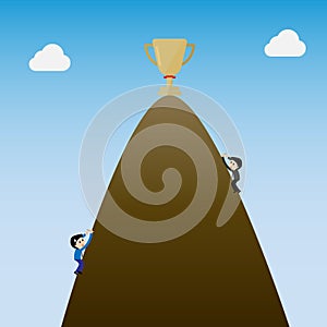 Businessman climbing the mountain to grt trophy on the top