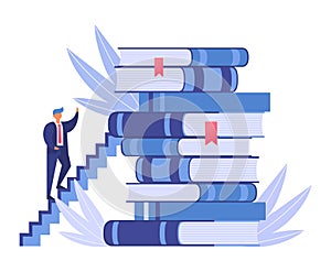 Businessman climbing stairs of book pile. Male executive ascending steps on large stack of books. Personal growth