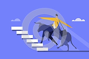 Businessman climbing the steps upwards with a bull as his shadow