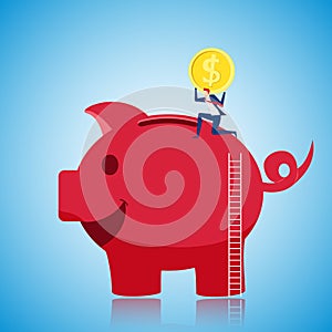 Businessman climbing to the top of giant piggy bank and putting gold coin to save money. Saving money concept.