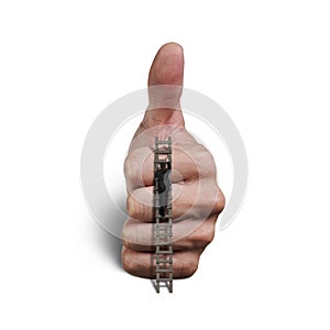 Businessman climbing to top of hand thumb up gesture