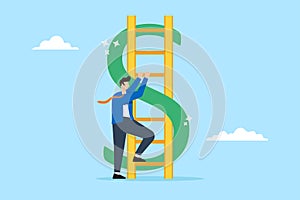 Businessman climbing to top ladder of money dollar sign in flat design