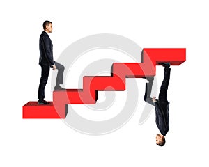 Businessman climbing up model of red stairs with his mirror copy