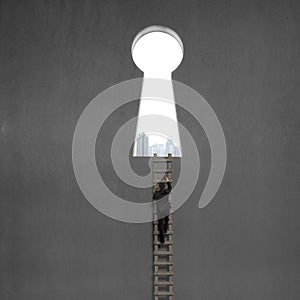 Businessman climbing on wooden ladder to key shape door