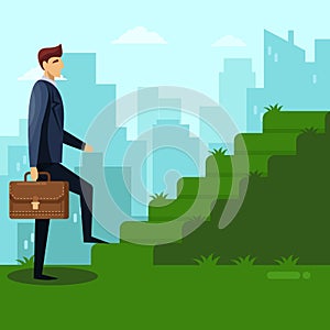 Businessman climbs the green grass stairs. Career, job and success business concept. Vector flat illustration.