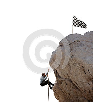 Businessman climbs a mountain to get the flag. Achievement business goal and difficult career concept