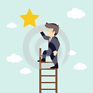 Businessman climbs the stairs to get a star. Vector illustration