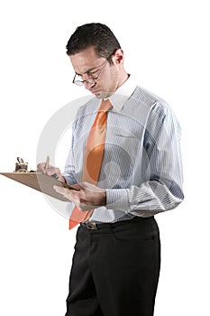 Businessman with clipboard on hand